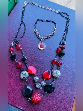 Red and Black Multi-Strand Beaded Necklace & Ladybug Bracelet Set